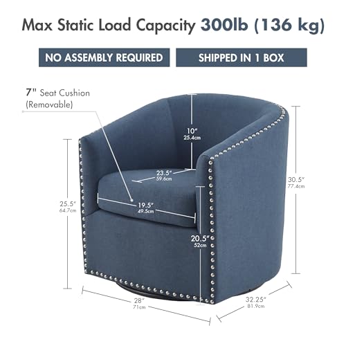 Madison Park Swivel Barrel Accent Chair, Upholstered Curved Back with 7-Inch Thick Woven Cushion, 360° Swivel, Nailhead Trim, Comfy Chair for Living Room, Bedroom, Office, 28" Wide, Blue, Tyler - color: Blue