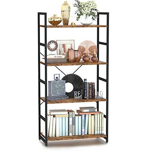 NUMENN 4 Tier Bookshelf, Tall Freestanding Open Storage Bookcase, Vintage | Storage Organizer with Metal Frame & Wood Shelves, Support Bars & Adjustable Feet for Bedroom, Living Room & Home Office - color: Vintage, size: 4 Tier