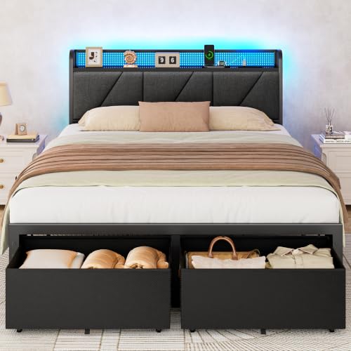 Queen Bed Frame with 2 Storage Drawers & Upholstered Headboard | Metal Platform Bed with Storage Shelf, Charging Station, LED Lights and Heavy-Duty slats, No Spring Box Needed, Noise-Free - size: Queen, style: Bed Frame with Drawer