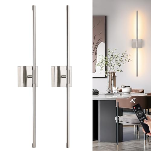 Morauroral Battery Operated Wall Sconces Set of 2, Dimmable Battery Wall Sconce with Remote Control, Sand-Nickel LED Rechargeable Sconces, 24 Inch Modern Wireless Wall Lights for Bedroom, Living Room - color: Sand-Nickel, size: 24 Inch (2 Pack)