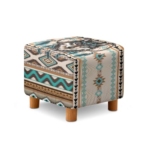 Aztec Tribe Geometric Wolf Print Stretch Ottoman Cover Square Ottoman Cover Slipcover Soft Footrest Stool Covers, Removable Anti-Slip Footstool Protector Covers for Living Room - color: Aztec Tribe Geometric Wolf