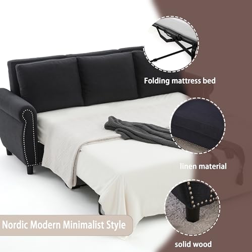 Queen Pull Out Sofa Bed, 81.5‘’ Large Convertible Sleeper Sofa, 3 Seater Loveseat Sofa-Bed with Queen Size Mattress for Living Room Small Spaces Apartment Studio, Dark Gray - color: Dark Gray, size: Convertible Sleeper Sofa Bed-3 seat