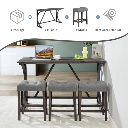 59" Counter Height Bar Table Set with Power Outlet, Industrial Breakfast Table with 3 Padded Stools, 4 Piece Bar Table and Chairs Set for Living Room, Dining Room, Dark Gray - color: O-dark Gray