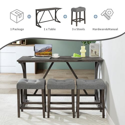 59" Counter Height Bar Table Set with Power Outlet, Industrial Breakfast Table with 3 Padded Stools, 4 Piece Bar Table and Chairs Set for Living Room, Dining Room, Dark Gray - color: O-dark Gray