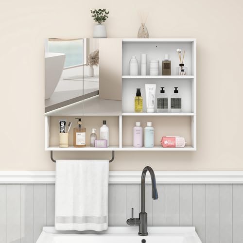 Bathroom Wall Cabinet with Mirror & Towel Bar, White - color: White-with Mirror