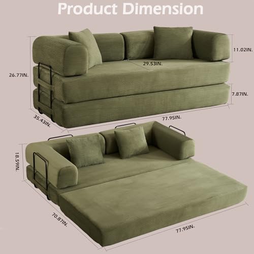 Convertible Sleeper Sofa Bed with Cylindrical Pillows, Corduroy Folding Mattress Couch, Fixed-Shape Metal Frame,Floor Lounge Loveseat for Living Room,Bedroom,Apartment,Guest Space (Green,Couch) - color: Green, size: 77.95"L x 35.43"W x 26.77"H