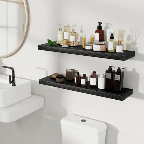 Fun Memories Floating Shelves for Wall, 32 Inch Set of 2 Rustic Wood Wall Shelves with Invisible Brackets, Heavy Duty Storage Display for Living Room Bedroom Kitchen, Black - color: Black, size: 32"W x 6.5"D, Set of 2