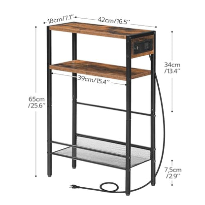 HOOBRO Small Narrow Side Table with Charging Station, Skinny End Table for Small Spaces, Slim Nightstand with USB Ports Outlet, Sofa Beside Table with Storage Shelf, Rustic Brown and Black BF102UBZ01 - color: Rustic Brown + Black