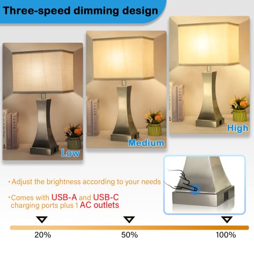 OYedis Table Lamp for Bedroom 3-Way Dimmable Touch Control Chrome Bedside Lamp with USB A+C Port & AC Outlet 21.6" Tall Nightstand Lamp for Living Room Office and Hotel Bulb Included (Nickel) - color: Nickel