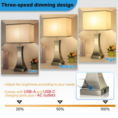 OYedis Table Lamp for Bedroom 3-Way Dimmable Touch Control Chrome Bedside Lamp with USB A+C Port & AC Outlet 21.6" Tall Nightstand Lamp for Living Room Office and Hotel Bulb Included (Nickel) - color: Nickel