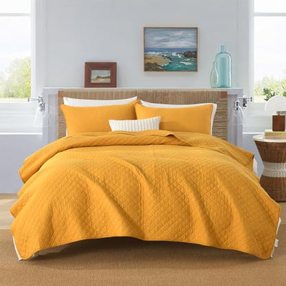 Wistown Cotton Queen Bedspread Quilt Bedding Set, Yellow | 3 Pieces Reversible Lightweight Soft Coverlets Comforters, All Seasons, Diamond Stitching Pattern - color: Yellow Diamond Pattern, size: Queen (90 by 98inch)
