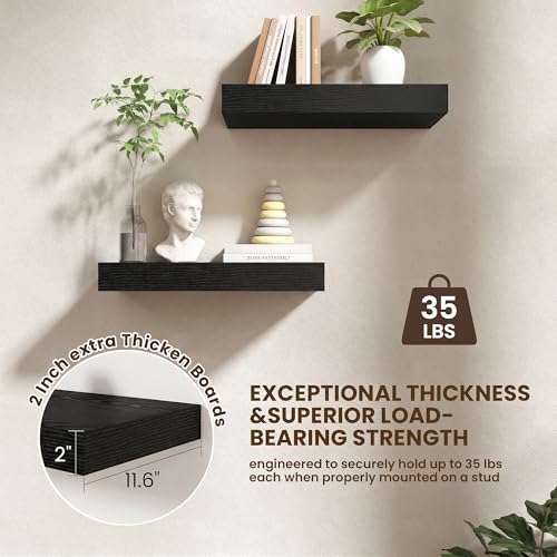 20 Inch Floating Shelves, 12'' Deep Black Shelves for Wall Set of 2 | Invisible Brackets, Engineered Wood, Mounting Hardware Included, 35LBS, Bathroom, Laundry Room, Kitchen, Living Room - color: Black, size: 20W x 11.6D x 2H, 2 Pack