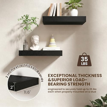 20 Inch Floating Shelves, 12'' Deep Black Shelves for Wall Set of 2 | Invisible Brackets, Engineered Wood, Mounting Hardware Included, 35LBS, Bathroom, Laundry Room, Kitchen, Living Room - color: Black, size: 20W x 11.6D x 2H, 2 Pack