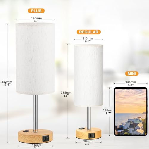 Touch Bedside Table Lamps Set of 2 - Bedroom Lamp with USB A+C, AC Outlet | 17" Tall Nightstand Lamp for Dorm, 3-Way Dimmable, LED Bulb Included, Linen-Texture Fabric Lampshade, Wood-Grain Metal Base - color: Wood Base Cream Shade, size: 17.4In