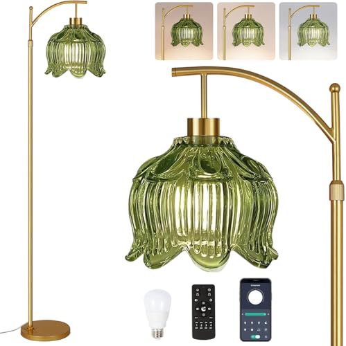 ILLMTW Glass Floor Lamp for Living Room,Bedroom,Gold Mid Century Modern Standing Lamp with Remote,Dimmable Brass Tall Lamp Vintage Tulip Green Arc Flower Floor Light Boho Bohemian - size: Floor Lamp-20
