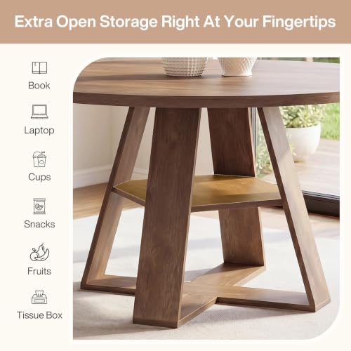 Tribesigns 47.24" Round Dining Table for 4-6, Modern Farmhouse Circle Kitchen Table with X-Cross Base & Storage Shelf, Wooden Pedestal Base for Dining Room Kitchen, Brown