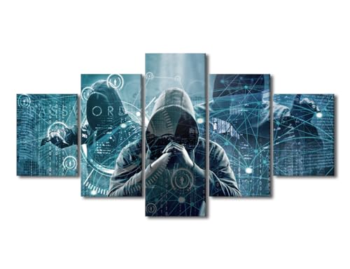 Hacker Wall Decor Cyber Attack Canvas Painting Hacker Network Technology Wall Decor Poster Home Decor Living Room Office Framed Gallery-Wrapped Ready to Hang 5 Pieces (60"Wx32"H) - color: Artwork-08, size: 60"Wx32"H