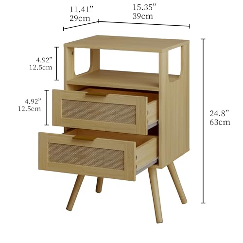 Rattan Nightstand,Farmhouse Bedside Table with 2 Storage Drawer and Open Wood Shelf, for Bedroom and Small Spaces,Night Stand with Solid Wood Legs (Yellow Oak) - color: Yellow Oak