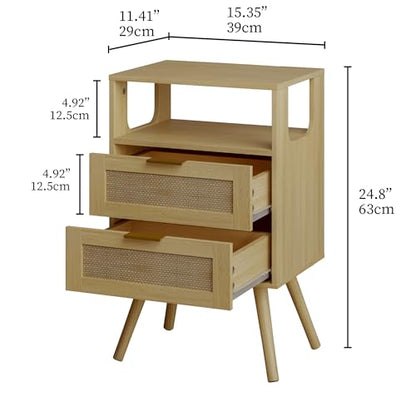 Rattan Nightstand,Farmhouse Bedside Table with 2 Storage Drawer and Open Wood Shelf, for Bedroom and Small Spaces,Night Stand with Solid Wood Legs (Yellow Oak) - color: Yellow Oak