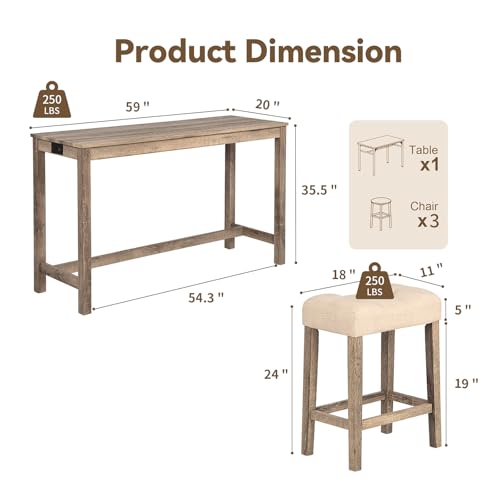 59" Counter Height Bar Table Set with Power Outlet, Industrial Breakfast Table with 3 Padded Stools, 4 Piece Bar Table and Chairs Set for Living Room, Dining Room, Brown - color: R1-brown