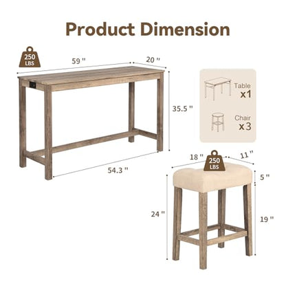 59" Counter Height Bar Table Set with Power Outlet, Industrial Breakfast Table with 3 Padded Stools, 4 Piece Bar Table and Chairs Set for Living Room, Dining Room, Brown - color: R1-brown