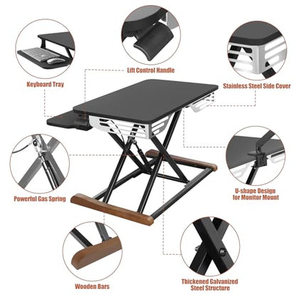 Height Adjustable Standing Desk Converter with Keyboard Tray, 26x16 Inch, Sit to Stand Desk Riser with Elegant Side Cover and Wooden Feet, Compact Monitor and Laptop Riser for Home & Office, Black