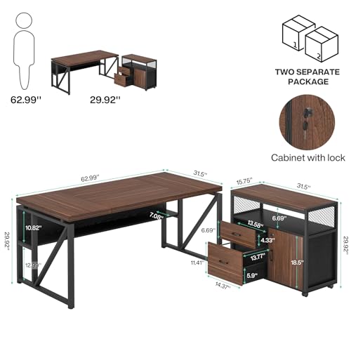 Tribesigns 63" Executive Deskwith Drawer Cabinet, L Shaped Desk and lateral File Cabinet, 2 Piece Home Office Furniture Set with Drawers for Hanging, Doors with Locks - color: Dark Brown, size: 63 inches