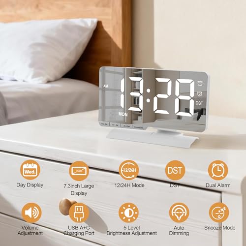 Digital Clock,Alarm Clock Bedside,7.3'' Large LED Mirror with Date Display,Dual Alarm with 3 Mode,Brightnee Adjust,DST,Snooze Function,USB C Charging Port,5 Levels Volume for Desk Bedroom Teens - color: White