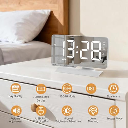 Digital Clock,Alarm Clock Bedside,7.3'' Large LED Mirror with Date Display,Dual Alarm with 3 Mode,Brightnee Adjust,DST,Snooze Function,USB C Charging Port,5 Levels Volume for Desk Bedroom Teens - color: White
