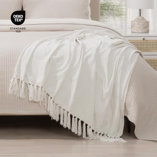 RECYCO Chenille Throw Blanket for Couch, 50"x60", Ivory White | Super Soft Knit Throw Blanket with Fringe Tassels, Lightweight Knitted Throw, Cozy, Ideal for Sofa Chair Bed Living Room Gift - color: Ivory White, size: 50'' X 60''