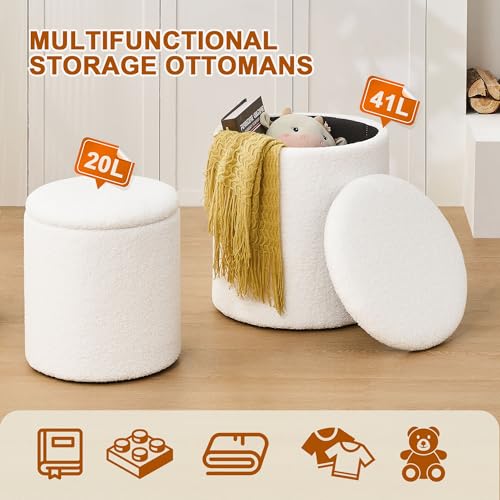 oakvivo Round Set of 2 Ottoman with Storage, Boucle Storage Ottoman Foot Stool, Soft Teddy Upholstered Small Vanity Stool, Ottomans Padded Seat Foot Rest for Living Room Bedroom, White - color: White