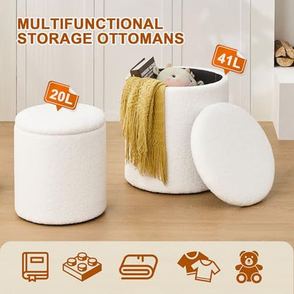 oakvivo Round Set of 2 Ottoman with Storage, Boucle Storage Ottoman Foot Stool, Soft Teddy Upholstered Small Vanity Stool, Ottomans Padded Seat Foot Rest for Living Room Bedroom, White - color: White