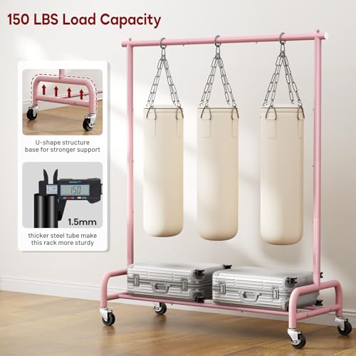 SLEEPING LAMB Heavy Duty Clothing Racks for Hanging Clothes Rack, 43" Wide Rolling Garment Rack Metal Clothing Hanger Rack with Wheels Wardrobe Rack for Coats, Shirts, Dress (Pink) - color: Pink, style: Single Rod