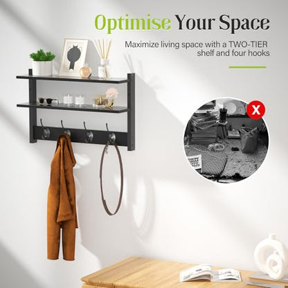 Two-Tier Wall Shelf with Hooks, 17" Coat Rack Wall Mount with Shelf, Entryway Key Hooks for Wall with Heavy Duty Double Hooks, Coat Hook Wall Mounted for Bedroom, Living Room, Black - color: Black-1 Pack