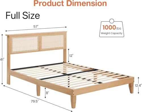 GarveeHome Rattan Bed Frame Full, Full Size Boho Bed Frame with Natural Rattan Headboard, Full Size Bed with Led Lights, Wooden Support Legs and Slats, Noise-Free, No Box Spring Needed - size: Full