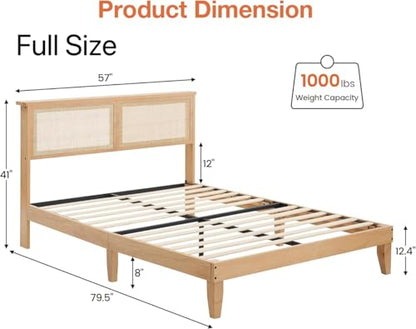 GarveeHome Rattan Bed Frame Full, Full Size Boho Bed Frame with Natural Rattan Headboard, Full Size Bed with Led Lights, Wooden Support Legs and Slats, Noise-Free, No Box Spring Needed - size: Full