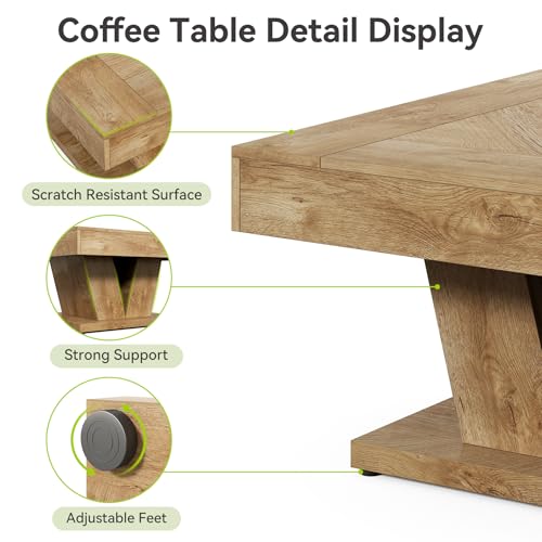LITTLE TREE Square Coffee Table, Modern Rustic Coffee Table for Living Room, Wooden Table with Adjustable Feet, Oak - color: Oak