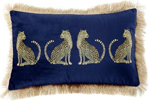 Lumbar Decorative Throw Pillow Cover with Tassels Leopard Pattern Cushion Cover Luxury Style Soft Velvet Pillowcase for Sofa Couch Bedroom (12"x20",Royal Blue) - color: Royal Blue, size: 20" x 12" (Pack of 1)