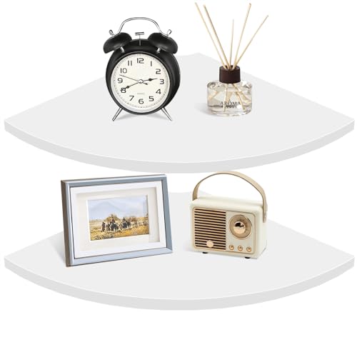 Corner Wall Shelf, 12 in Wide Rounded Corner Shelf Floating, Set of 2 Wooden Hanging Corner Shelves with Wire Hole for Bathroom Living Room Office, White - color: White, size: Set of 2