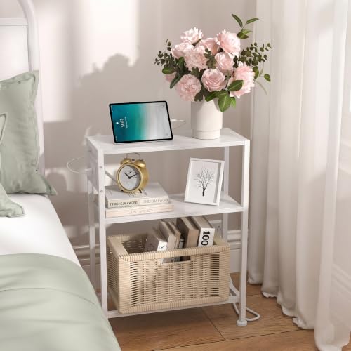 Small Narrow Side Table with Charging Station, Skinny End Table for Small Spaces, Slim Nightstand with Outlets, Sofa Bedside Table in Living Room, Bedroom, Study, Kitchen and Balcony, White - color: White