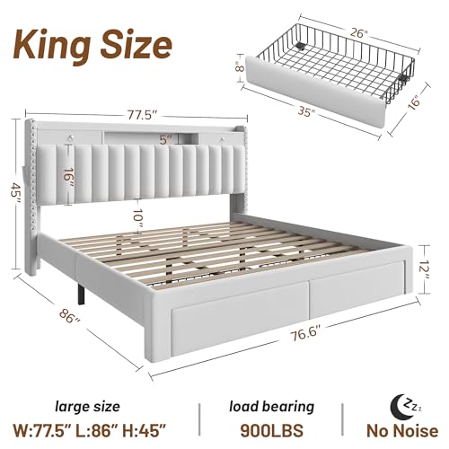 CypBed King Size Bed Frame with 4 Storage Drawers and Headboard & White | Velvet Upholstered Platform Bed Frame,3 USB & Type-C Charging Ports, Solid Wood Slats, No Box Spring Needed, No-Noise, Gifts - color: White, size: King