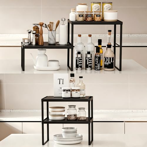 Spicy Shelf Stackable Kitchen Countertop Organizer Heavy Duty Kitchen Counter Shelf Metal Spice Rack for Countertop (2 Pack, Black) - color: Black, size: 12.6"D*8.3"W*5.9"H
