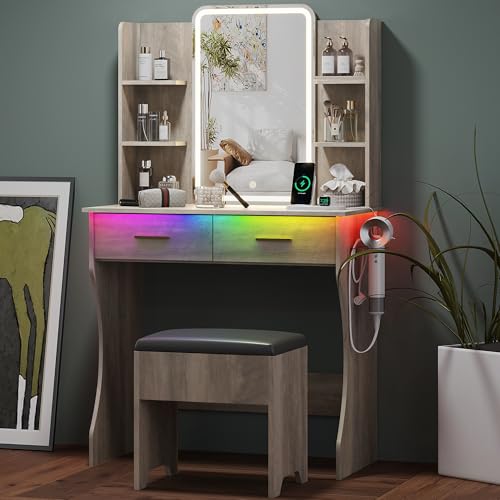 Small Vanity Desk with Mirror and Lights, Makeup Vanity with LED Lights, Grey Vanity Mirror with Lighted Desk and Chair, 3 Lighting Adjustable Compact Dressing Table with Mirror for Women, Girls - color: Grey, size: 29.88x15.09x51.30 in