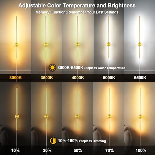GOODATE Wall Sconces Set of Two with Remote, Stepless Colors 3000K-6500K & Stepless Dimming, Hardwire or Plug-in, 180° Rotate, LED Gold Plug in Wall Sconces with Timer & Night Light, 39.4 Inches - color: Gold, Stepless Color Temperature: 3000K-6500K, size