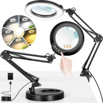Real Glass 12X Magnifying Glass with Light and Stand (No Acrylic Lens), 2-in-1 Lighted Magnifier with Clamp, 5 Color Modes Dimmable LED Desk Lamp Hands Free for Painting Craft Sewing Hobby Close Work - color: Black