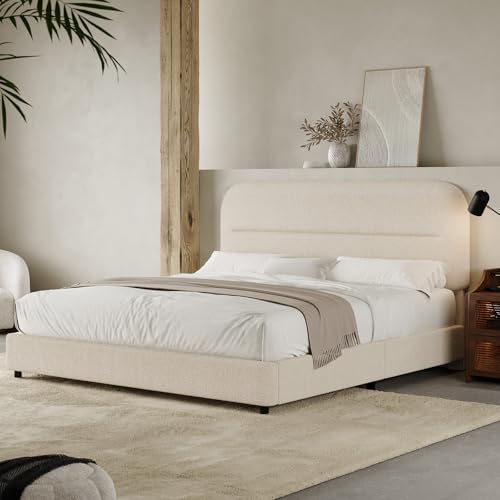 HOMBCK Full Size Boucle Bed Frame, Upholstered Bed Frame Full with Headboard, Soft BedFrame with Thickened Footboard, Soft Rounded Corners, No Box Spring Required, Easy Assembly, Cream - color: Cream, size: Full