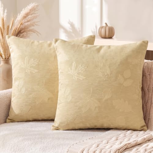 AVOIN colorlife Beige Jacquard Decorative Throw Pillow Covers Set of 2, 18 x 18 Inch Maple Leaf Woven Textured Cushion Case Home Decor for Couch Sofa Bed - color: Beige