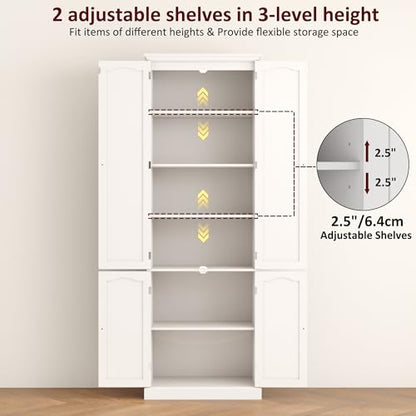 Function Home 182.9cm(72인치) 주방 식료품 저장실 캐비닛, 문과 조절 가능한 선반이 있는 높은 목재 보관 캐비닛, 주방 다이닝 룸 거실 욕실용 6단 독립형 찬장, 화이트 - color: 화이트., size: 24"Wx11.81"Dx72"H