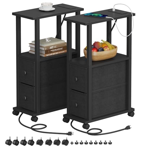 TUTOTAK Small Narrow End Tables, Side Tables with 2 Fabric Drawers, Set of 2, Bedside Tables with Charging Station for Small Spaces, Slim Nightstands with USB Ports and Wheels, TB01BK053 - color: Black, style: with Outlets