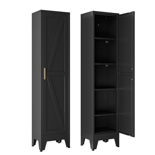 67" Tall Narrow Storage Cabinet with Reversible Doors and Adjustable Shelves,11.8" Deep By 15.7" Wide Metal Slim Cabinet for Bathroom Kitchen Garage Small Spaces,Black,1 Pc - color: Black, size: 11.8"D x 15.7"W x 67"H-A